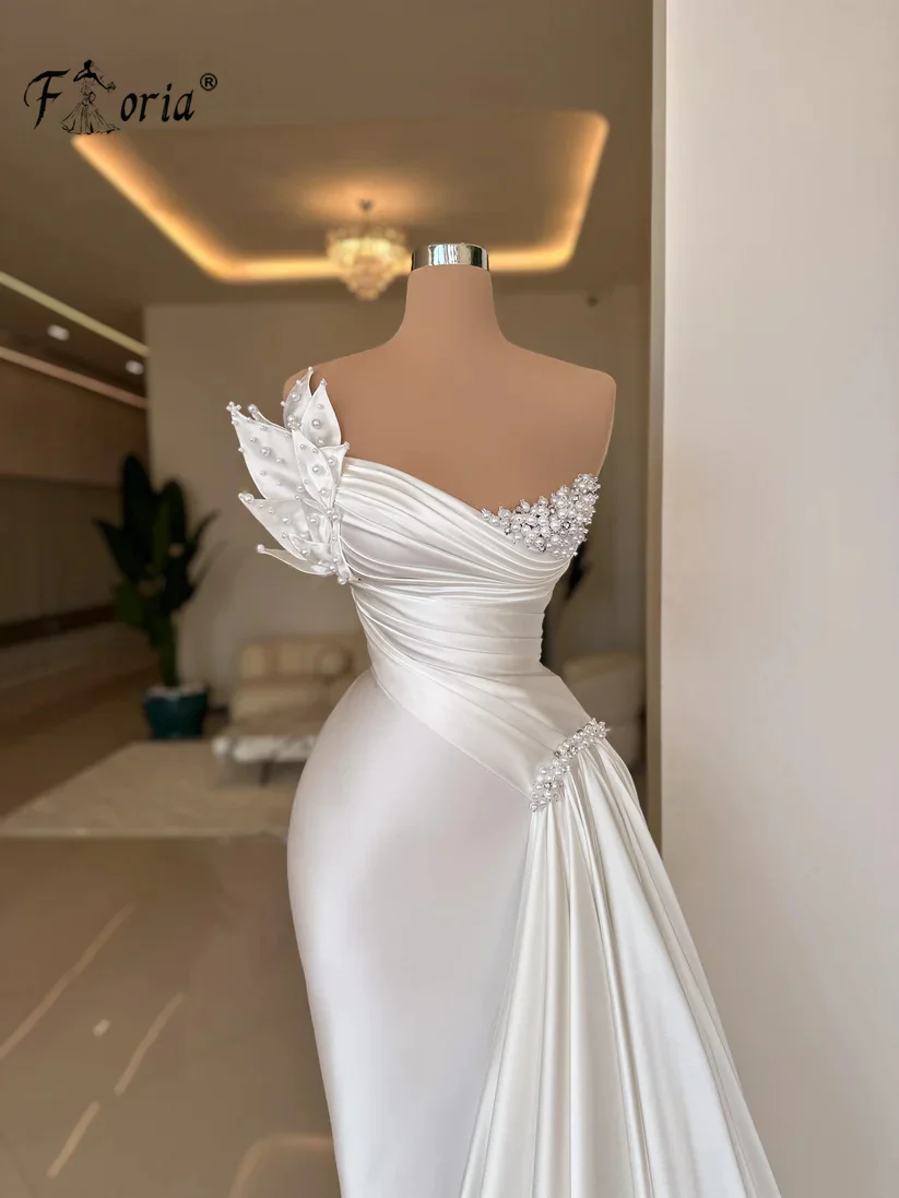 Elegant Pearls Mermaid Evening Dress with Side Tail 3D Appliques Beaded Formal Event Gowns Wedding Vestidos De Noite Plus Size