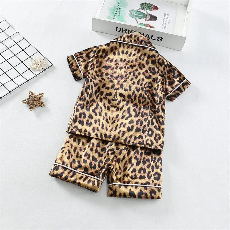 1-6T Summer Kids Ice Silk Pajama Set Boys Girls Cartoon Leopard Print Short Sleeve Blouse Top+Shorts Sleepwear T-Shirt Top Pants