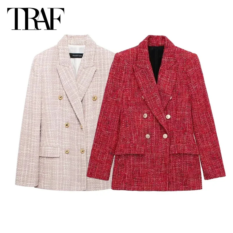 TRAF 2024 Red Tweed Blazer Women Double Breasted Women's Tailoring Blazers Autumn Winter Office Blazer Ladies Long Sleeve Blazer