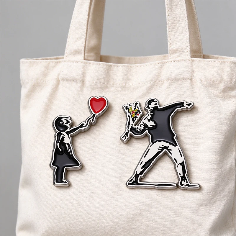Banksy Street Art Enamel Pin Girl With Balloon Flower Thrower Brooch Metal Lapel Badge Backpack Decor Gift