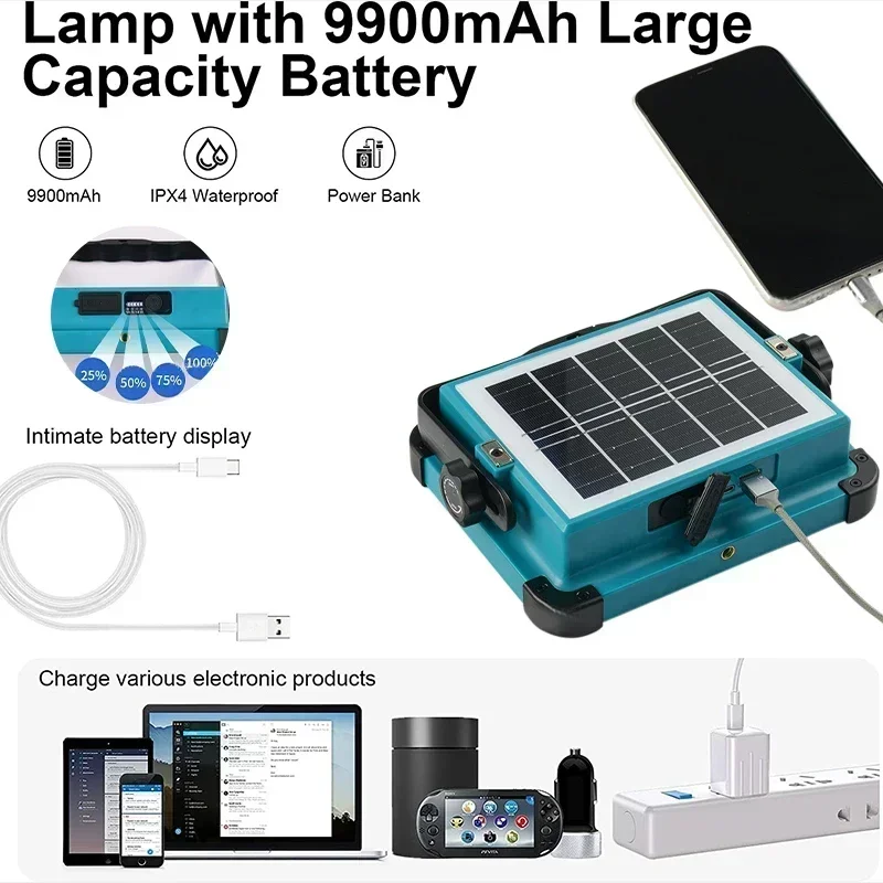 Lampu Tenda Berkemah Portabel Biru 1000Watt Lampu Banjir Surya LED Isi Ulang USB Lampu Perbaikan Kerja Tahan Air Luar Ruangan