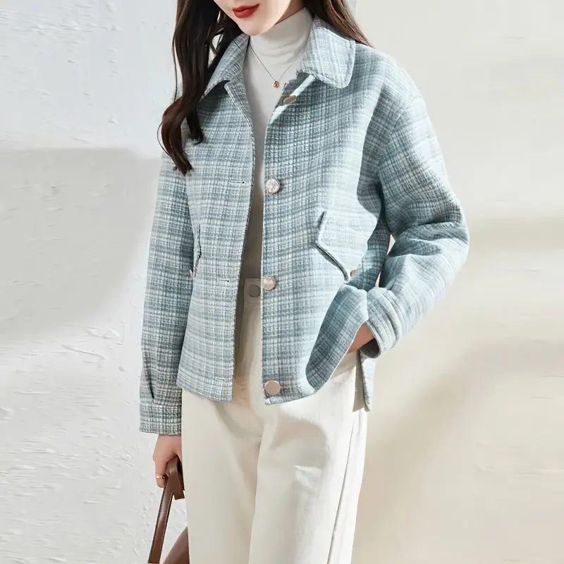 

2023 Vintage Small Fragrance Tweed Jacket Single Breasted Coat Warm Plaid Jackets Office Lady Outerwear Blazer Long Sleeve A21