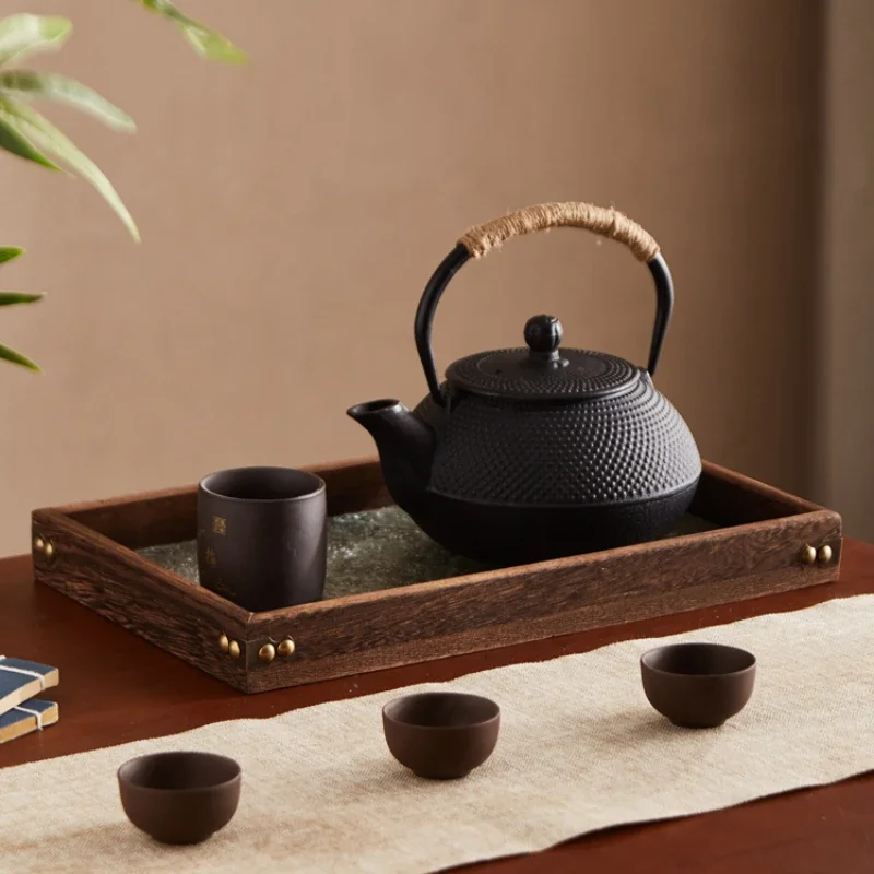 Retro Solid Wood Embossed Glass Tray, Crabapple Cake Dim Sum Plate, Teahouse Multi-function Tea Set Holder，Vintage Serving Tray