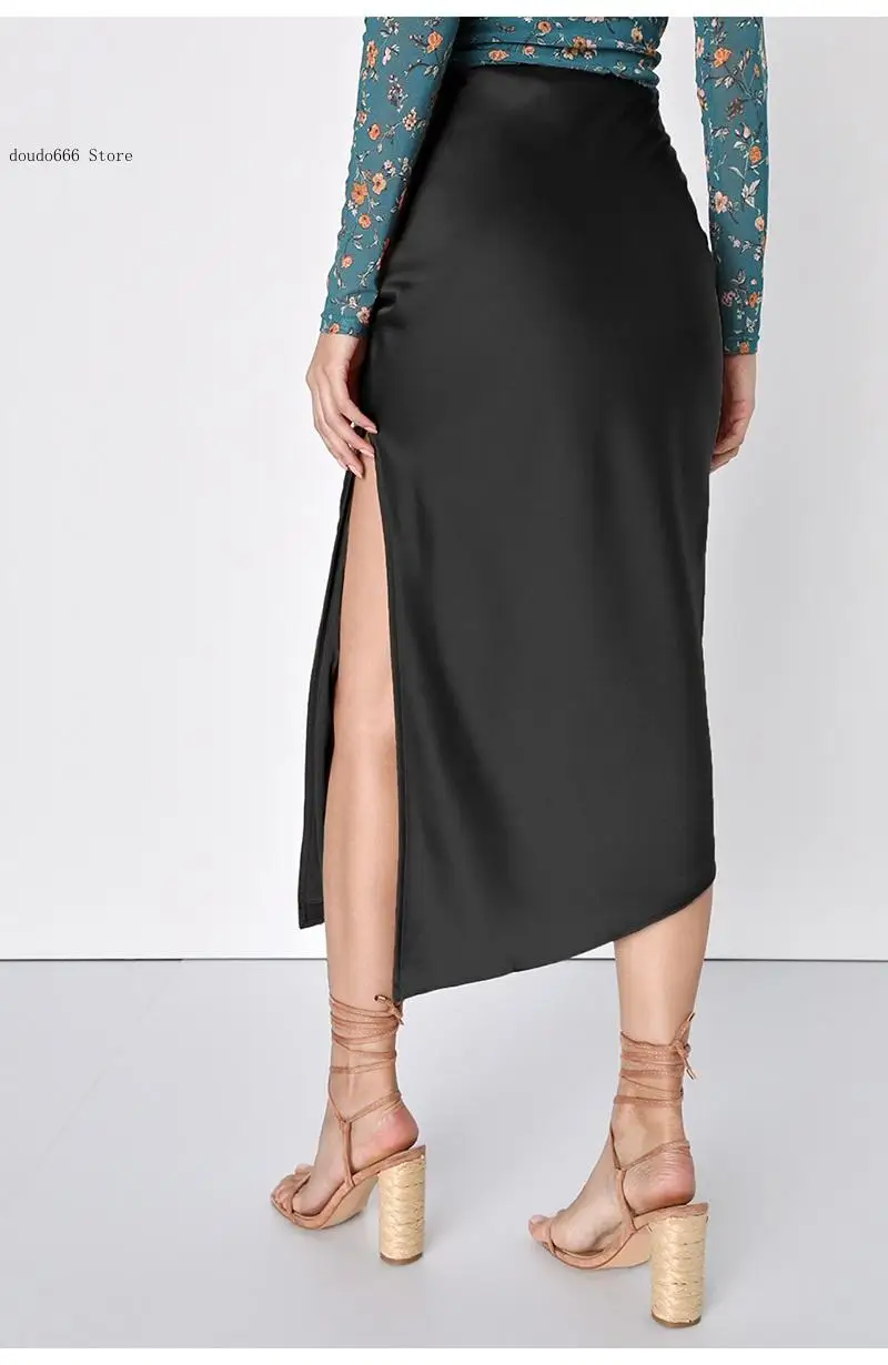 Autumn Elegant High Waist Beige A Line Skirts Midi with Slit Ladies Midi Asymmetrical Black Skirt Satin with Slit for Women