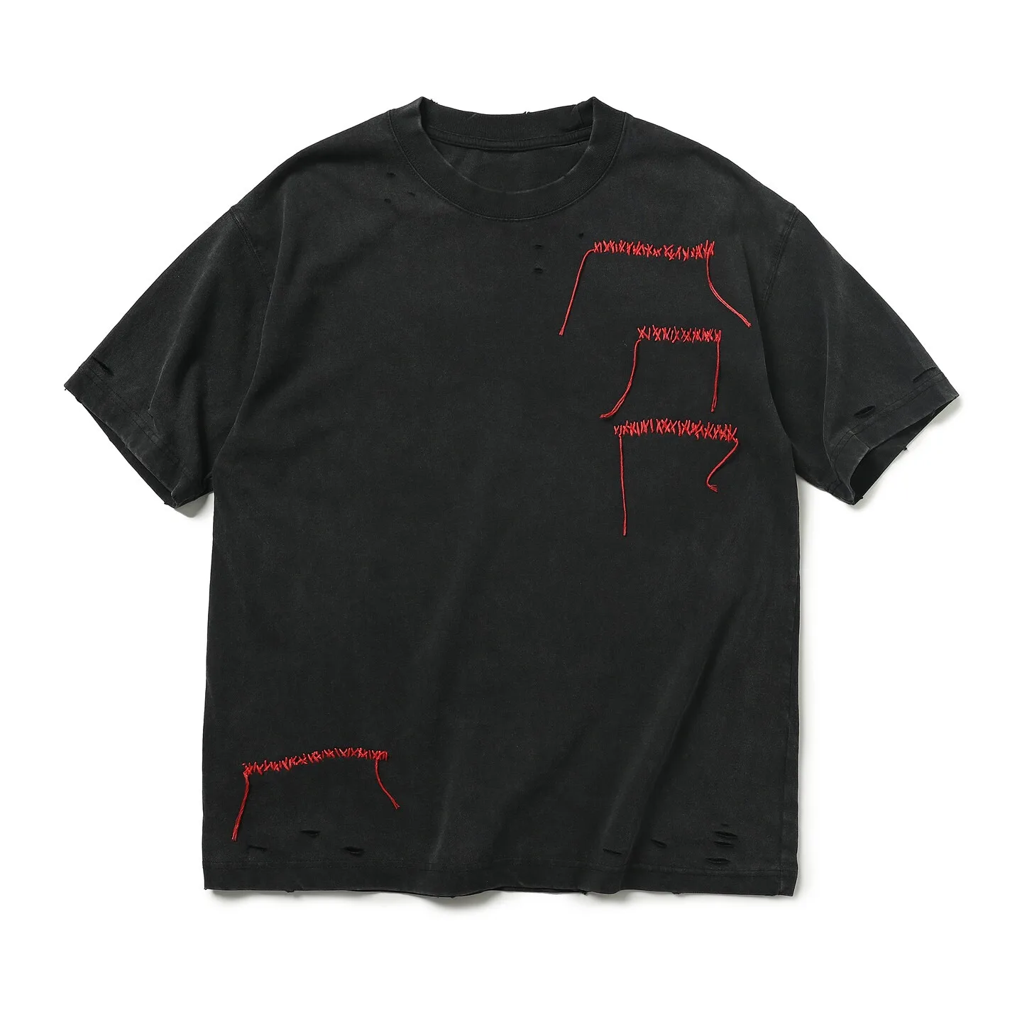 

Japanese Retro Handmade Stitching Used Casual Short Sleeved Tees Summer New Hole Repair T-shirt
