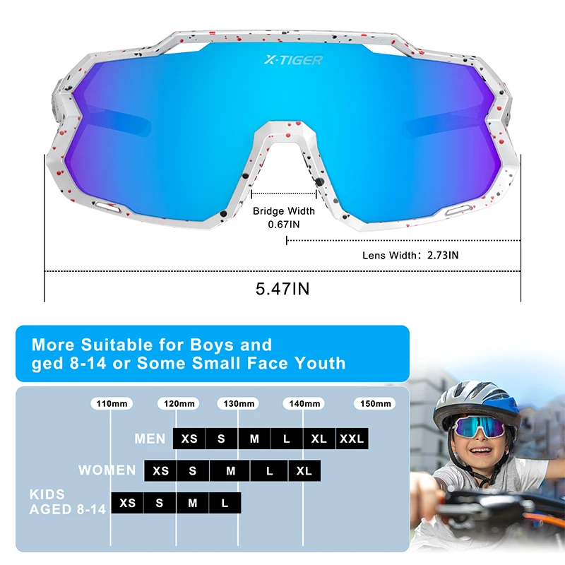 X-TIGER Kids Cycling Sunglasses Suitable For Children Aged 8-14 Years Girls Boys Glasses Outdoor Sport Sun Glasses Classic