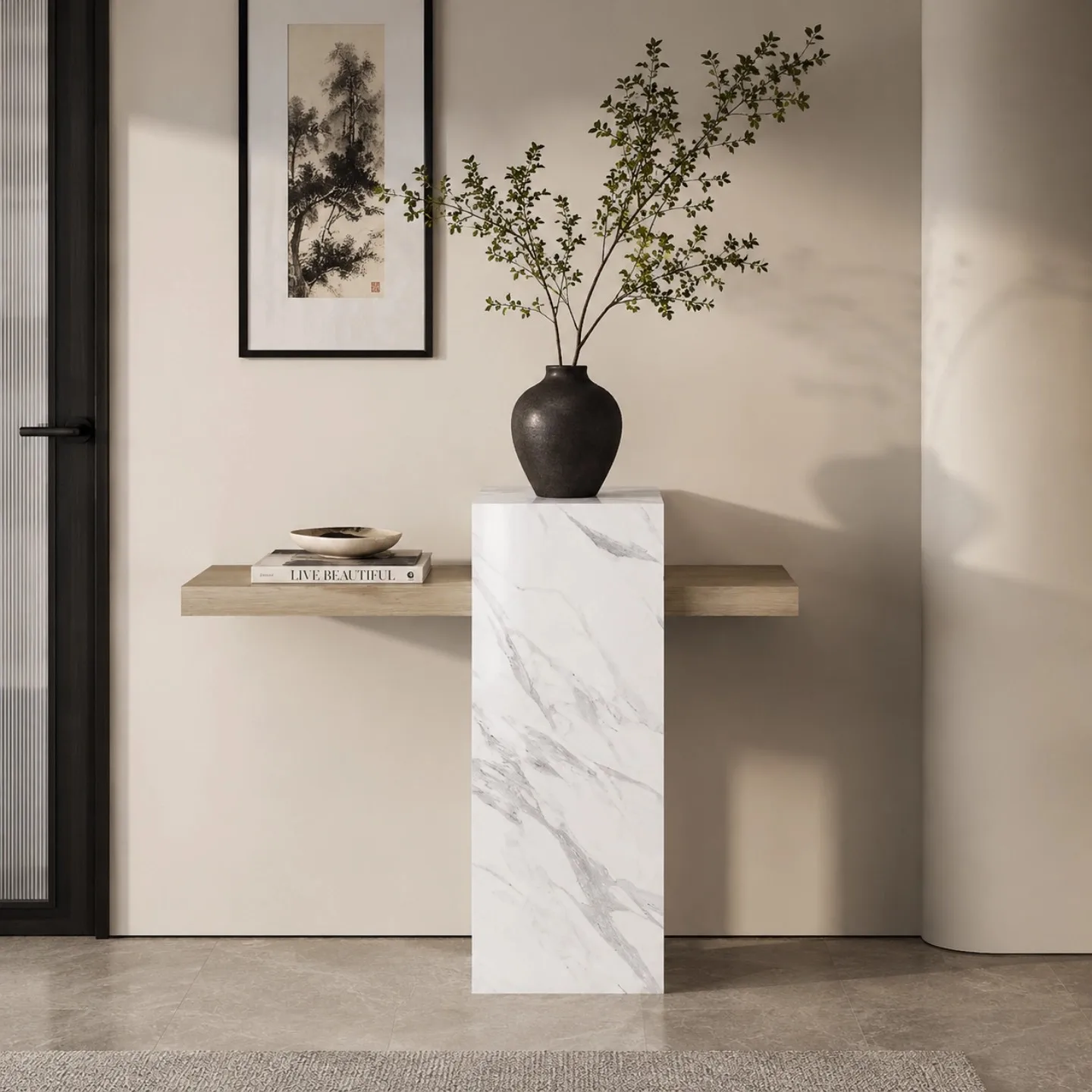 HYS medieval rock slab cave stone entrance table, suspended solid wood end-view table against the wall when entering the house