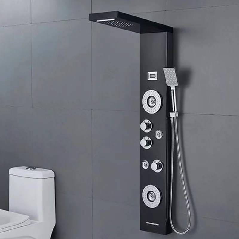 

Stainless Steel Digital Shower Set Temperature Display LED Lights Fingerprint Free Brushed Shower Screen Multifunction