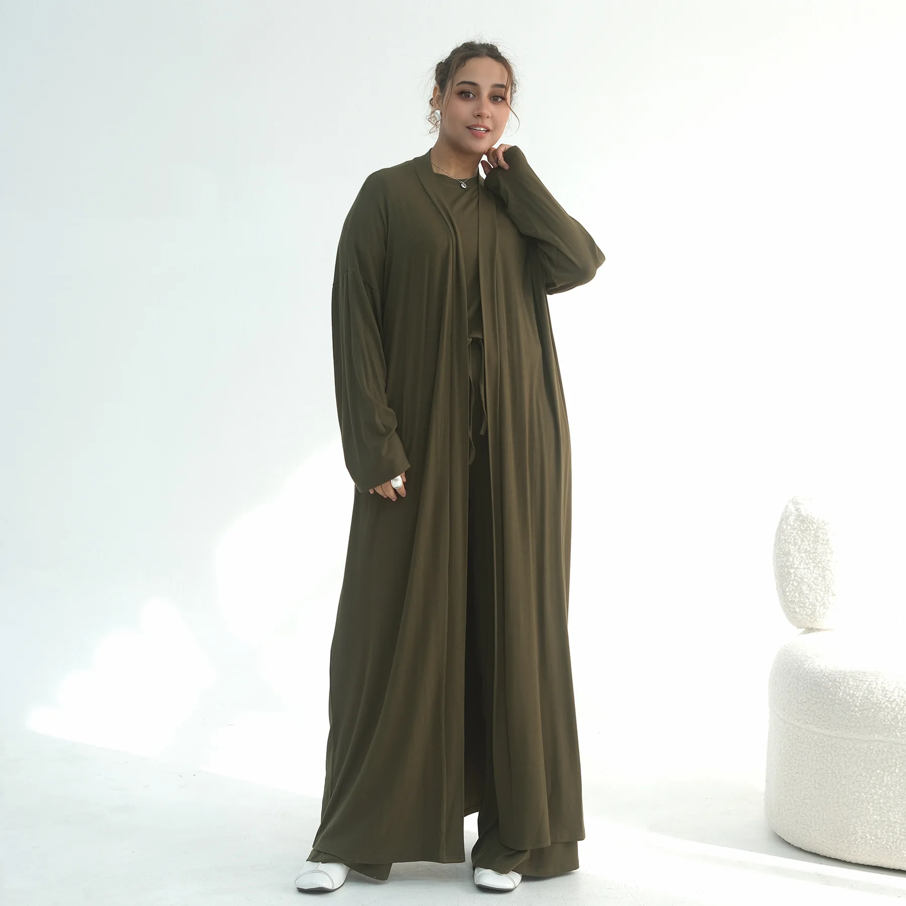 

3PCS Abaya 2026 Eid Muslim Women OutfitS Set Daily Wear Islamic Clothing with Top & Pants Elegant Open Abayas Kimono Cardigan