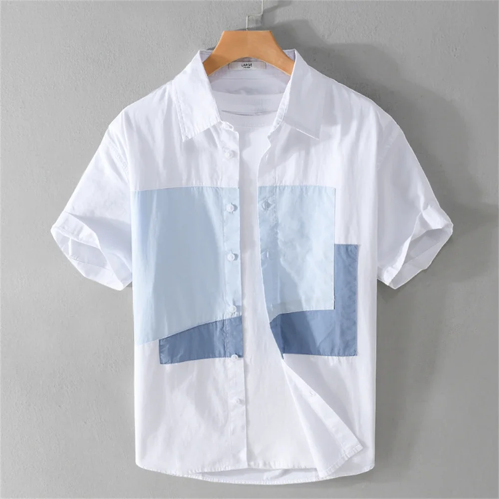 Camisas de manga corta de verano para hombre, camisa informal de algodón suave con bloqueo de Color para hombre, ropa de moda, Tops para hombres jóvenes