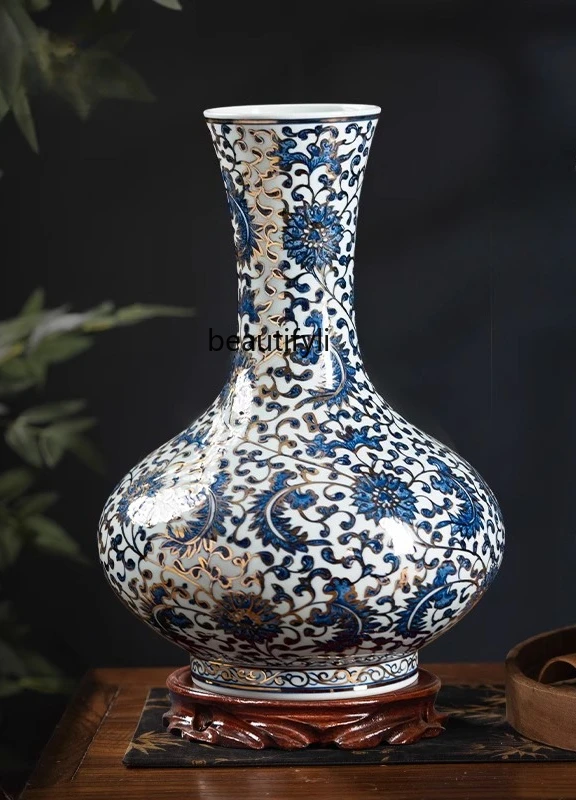 

Ceramic vase hand-painted blue and white porcelain gold-painted large porcelain vase Chinese living room flower arrangement