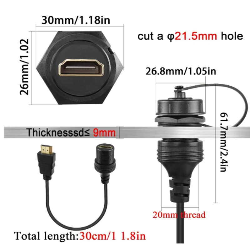 0.3 متر 4K HDMI الخيوط الثابتة جبل HD عرض كابل مقاوم للماء HDMI 2.0 ذكر إلى أنثى سيارة داش جبل تمديد الحبل