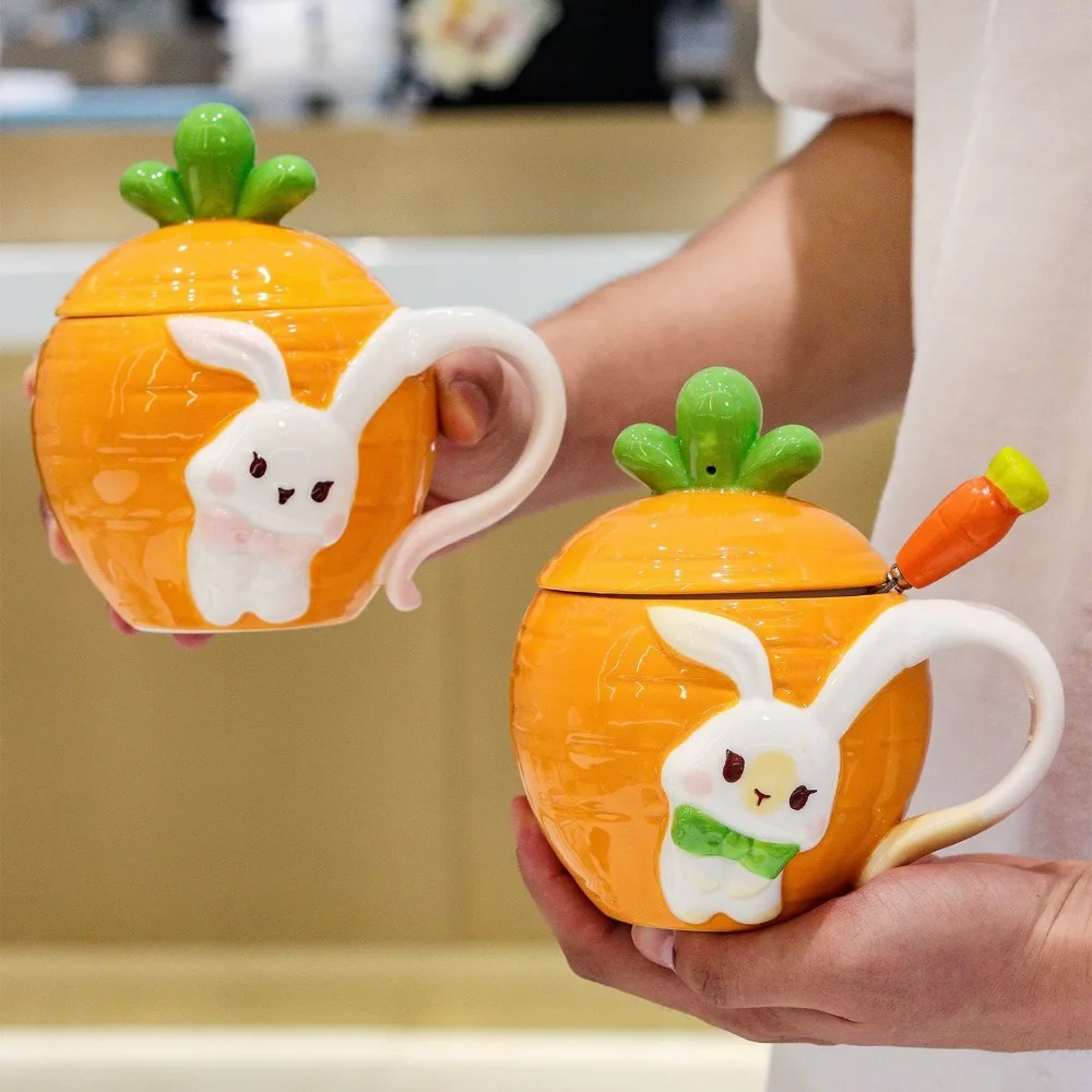 كوب سيراميك على شكل أرنب لطيف كوب سيراميك عالي القيمة مع غطاء كوب ماء للإفطار كوب منزلي كرتوني أدوات للشرب هدايا عيد الميلاد