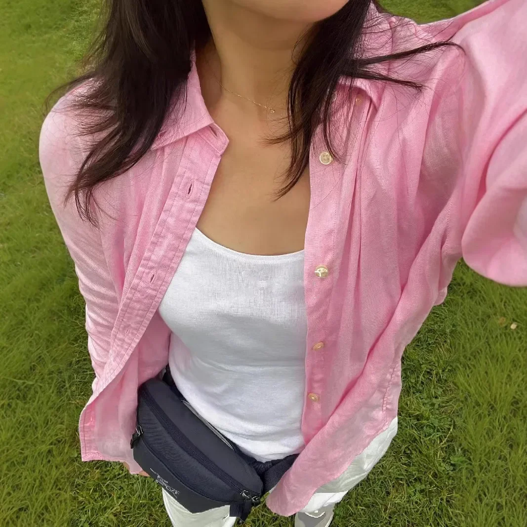 

Love Pony Standard Linen Pink Shirt Women's Premium Long Sleeve French Loose Cardigan Sunscreen Top Jacket