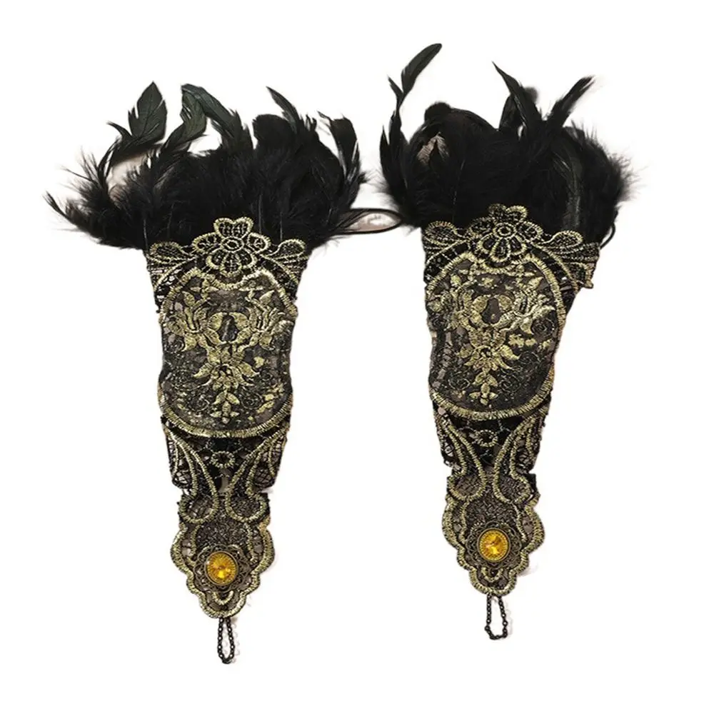 Retro Gothic Feather Gloves For Women Lace Wrist Cuffs Cosplay Stage Showgirl Party Dance Chain Fashion Bracelets Arm Chain