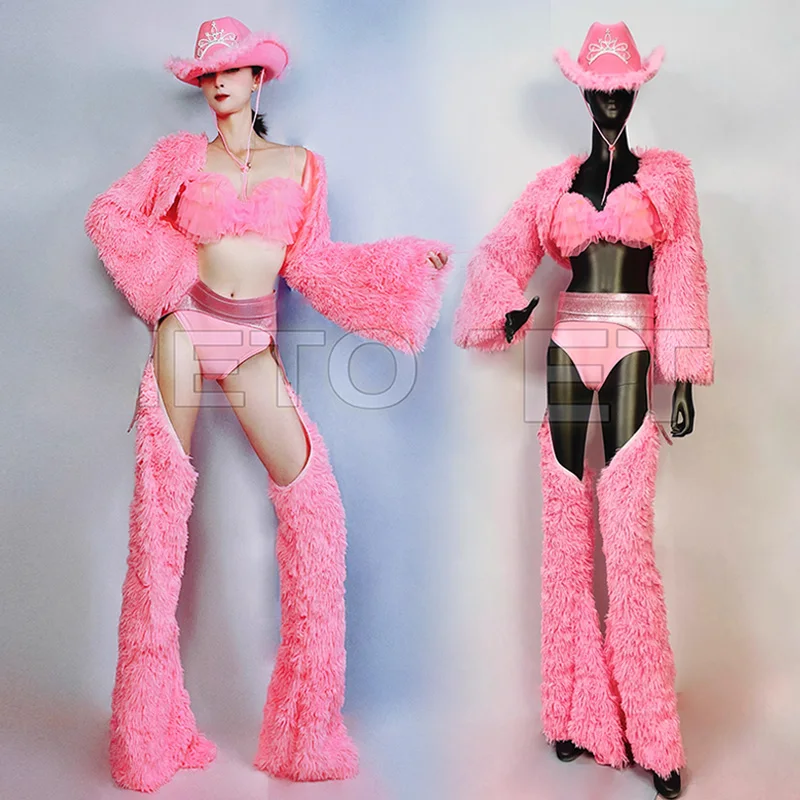 

Sexy Gogo Dancer Outfits Pink Suit For Women's Show Cowboy Performance Wear Singer Showgirl Stage Costume Fluffy Top Pants 4507