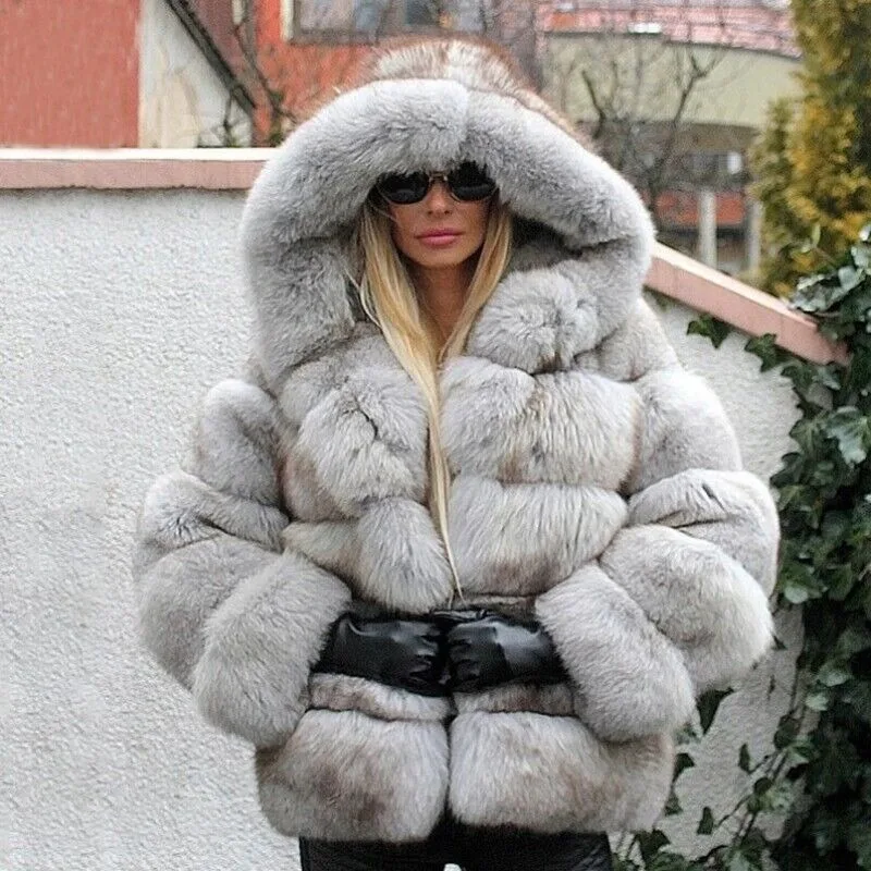 Women's Real Fox Fur Coat Natural Genuine Hood Winter Thick Outwear Trend Fashionable Women's Clothing