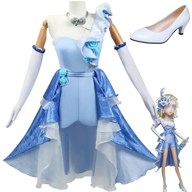 

FC6Anime Game Identity ⅤDemi Bourbon Cosplay Costume Barmaid - Wave-Riding Rose Blue Jumpsuits Skirt Shoes Woman Sexy Carni@FC8！