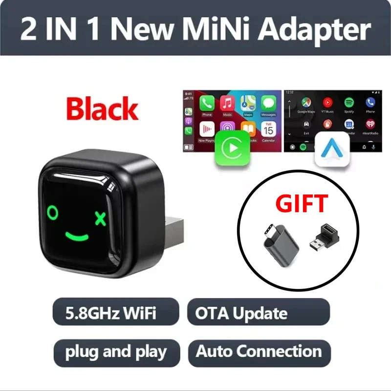 新しいミニアダプター ワイヤレス Apple CarPlay&Android Auto 2in1 ドングル OEM CarPlay 有線接続からワイヤレス スマートボックス 合金素材