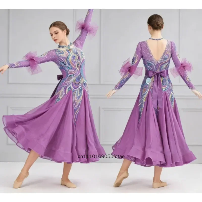 Modern Ballroom Dance Competition Dress Light Purple Long Sleeve Big Swing Skirt Luxury Professional Dancewear For Women Waltz