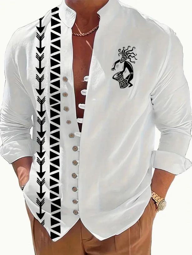 New Men's Henry Collar Linen Long Sleeve Casual Shirt Ethnic Print High Quality Top Fits Everyday