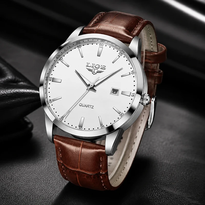 LIGE Fashion Brown Genuine Leather Watch for Men Military Sports Men's Quartz Wristwatches Waterproof Luminous Date Chronograph