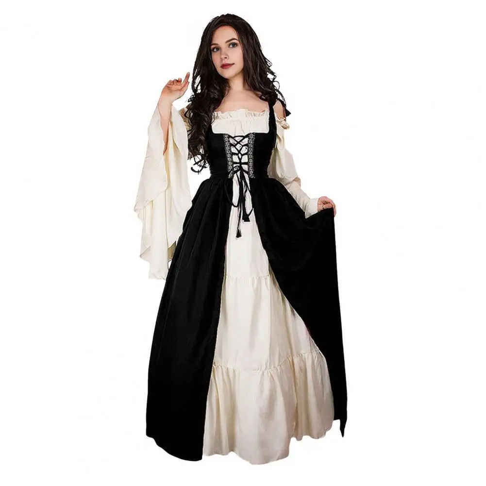 Vrouwen Vintage Jurk Vintage Renaissance Court Trouwe Halloween Kostuum Maxi Jurk Met Shirring Rand Vierkante Hals Flowy Mouwen