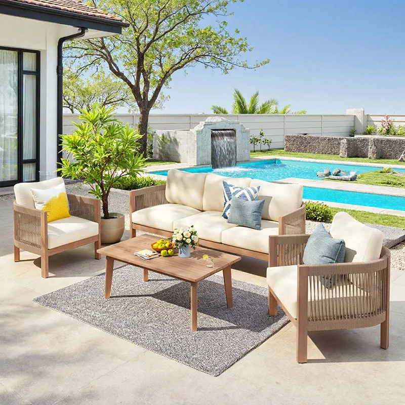 #Natural Teak Wood Outdoor Wicker Sofa Set 4 Seater Patio Furniture with Cushions and Table for Garden