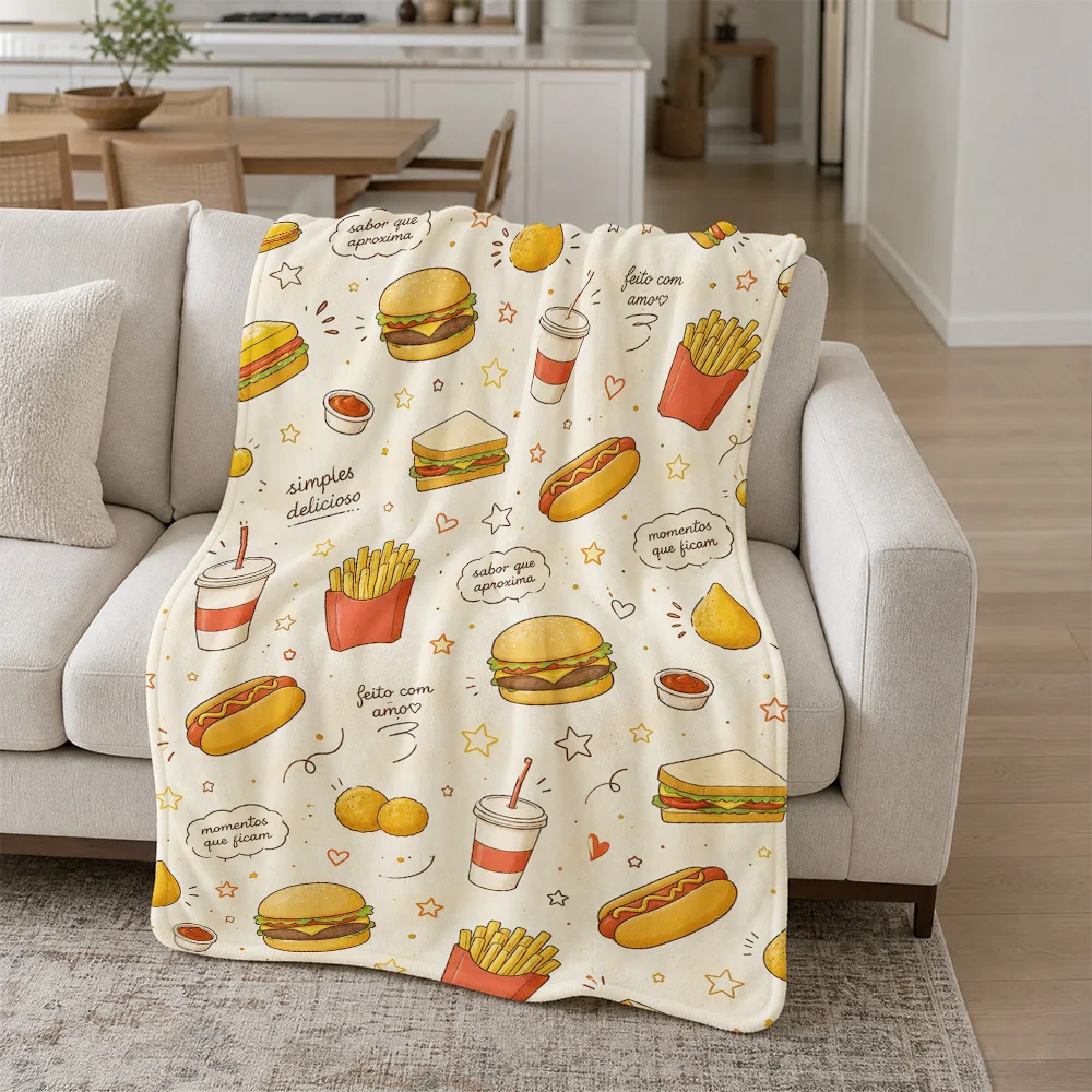 Cute Food Lover Throw Blanket Cartoon Snack Pattern Couch Decor Gift for Friends Family