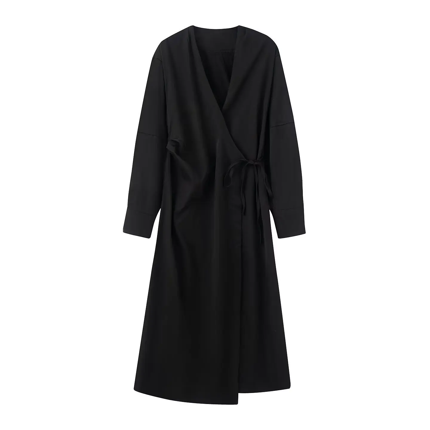 Women Autumn Long Sleeve Shirts Dress Fashion Solid Wrap Drawstring Bow V-Neck Female Elegant Street MIDI Dresses Clothing