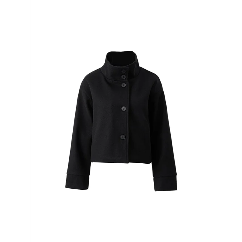 

ABJO-Women Crop Pea Coat Wool Blend Office Work Stand Collar Winter Jacket Trench Coat With Pocket