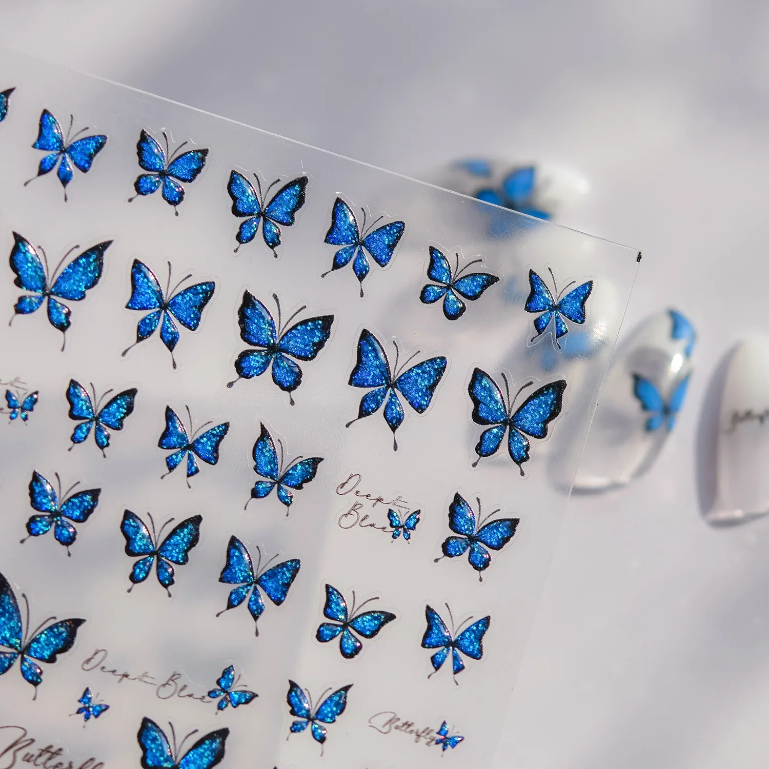 Charming Delicate Sapphire Color Blue Black Stroke Butterfly Jelly Relief Rhinestone Adhesive Nail Art Stickers Manicure Decals