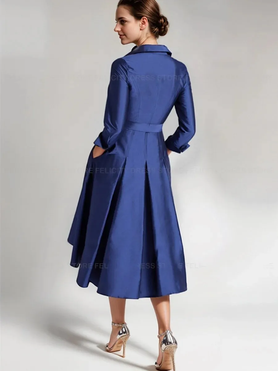 2025 Vintage Navy Blue Short Blue Mother of the Bride Dress A-Line Shirt Collar 3/4 Sleeves Satin Wedding Guest Party Gowns