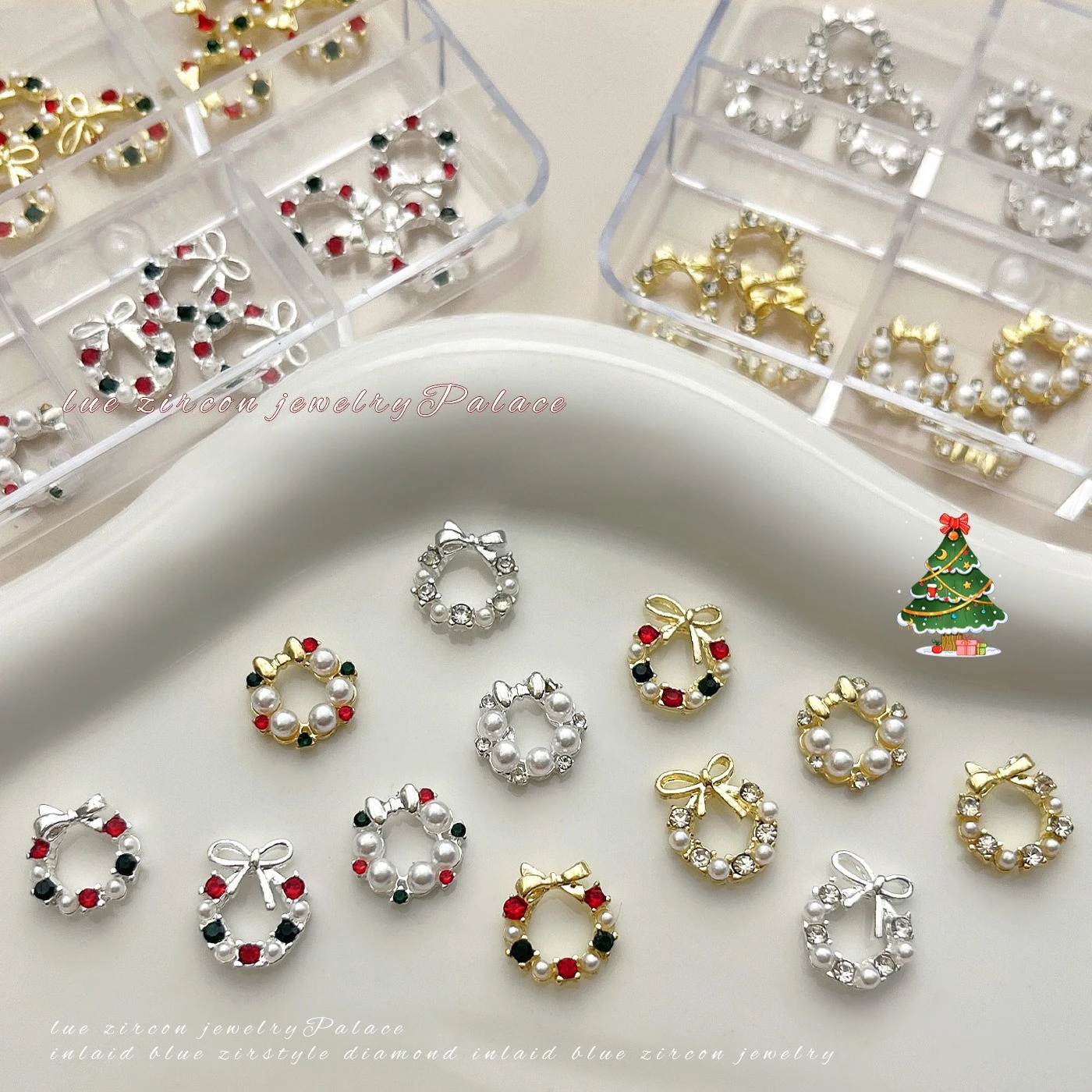 1Pcs 6 Grids Christmas Wreath 3D Alloy Diamond Pearl Nail Charms Set DIY Handmade Press On Nails Manicure Decor Parts view 3