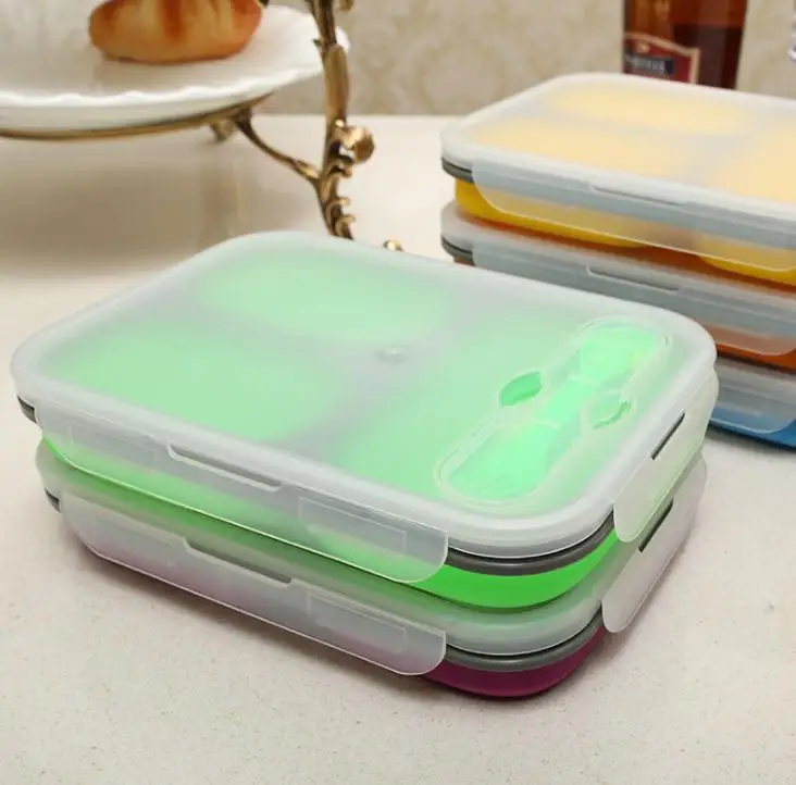 Collapsible Silicone Lunchbox Bento Folding Portable Bento Box with Fork 3 Grids Microwave Dinnerware Tools Wholesale