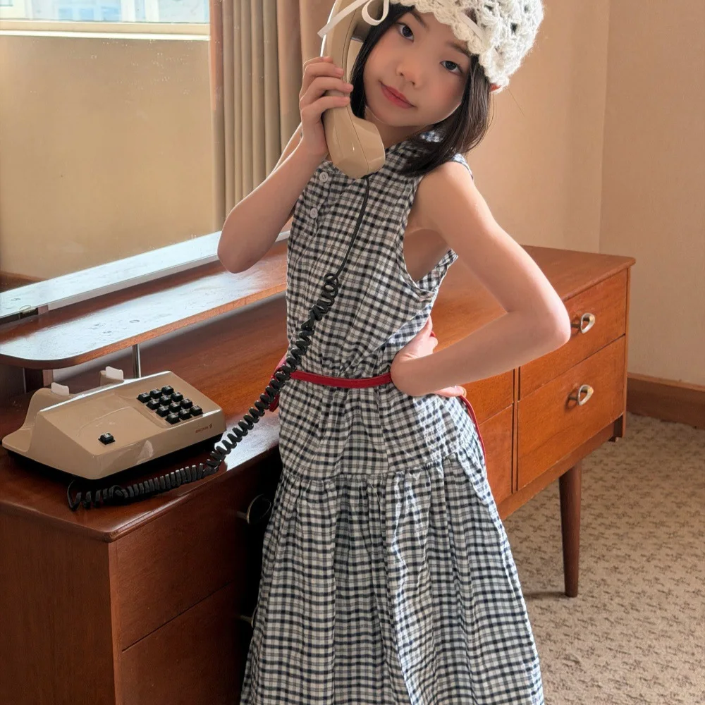Girls' Stylish Checkered Dress 2026 Summer Korean New Fashionable Dress Girls' Vest Fashion Cool Skirt