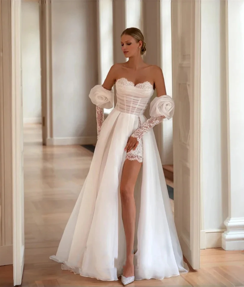 

Изысканное вечернее платье Lzhk из тюля А-силуэта с отстегивающимися рукавами, кружевом и 3D цветами, нежное, с вырезом «сердечко», для женщин, свадебное