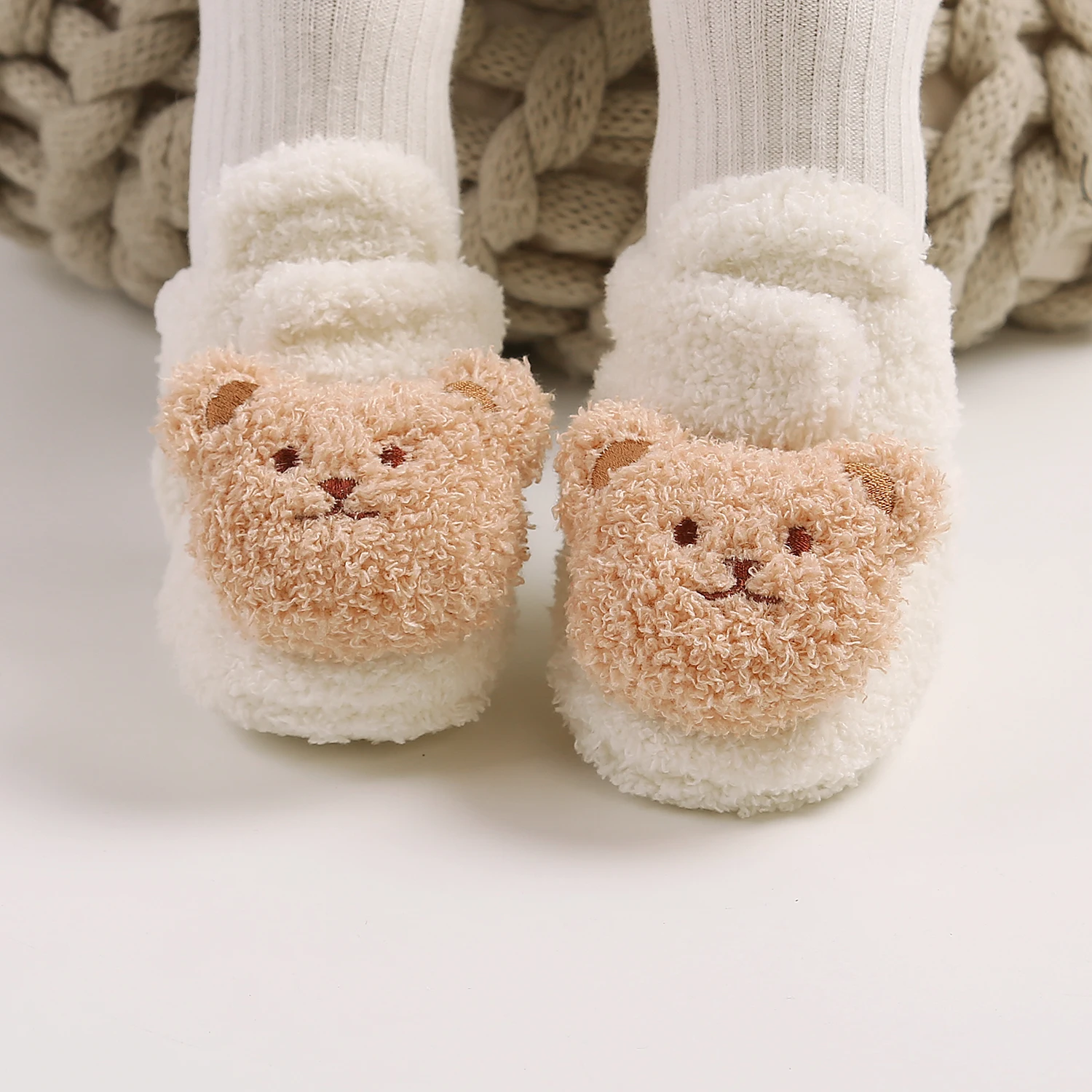 Cute Bear Cartoon Baby Girl Booties Stay On Slipper Winter Warm Soft Shoes Newborn Crib Sock Shoes