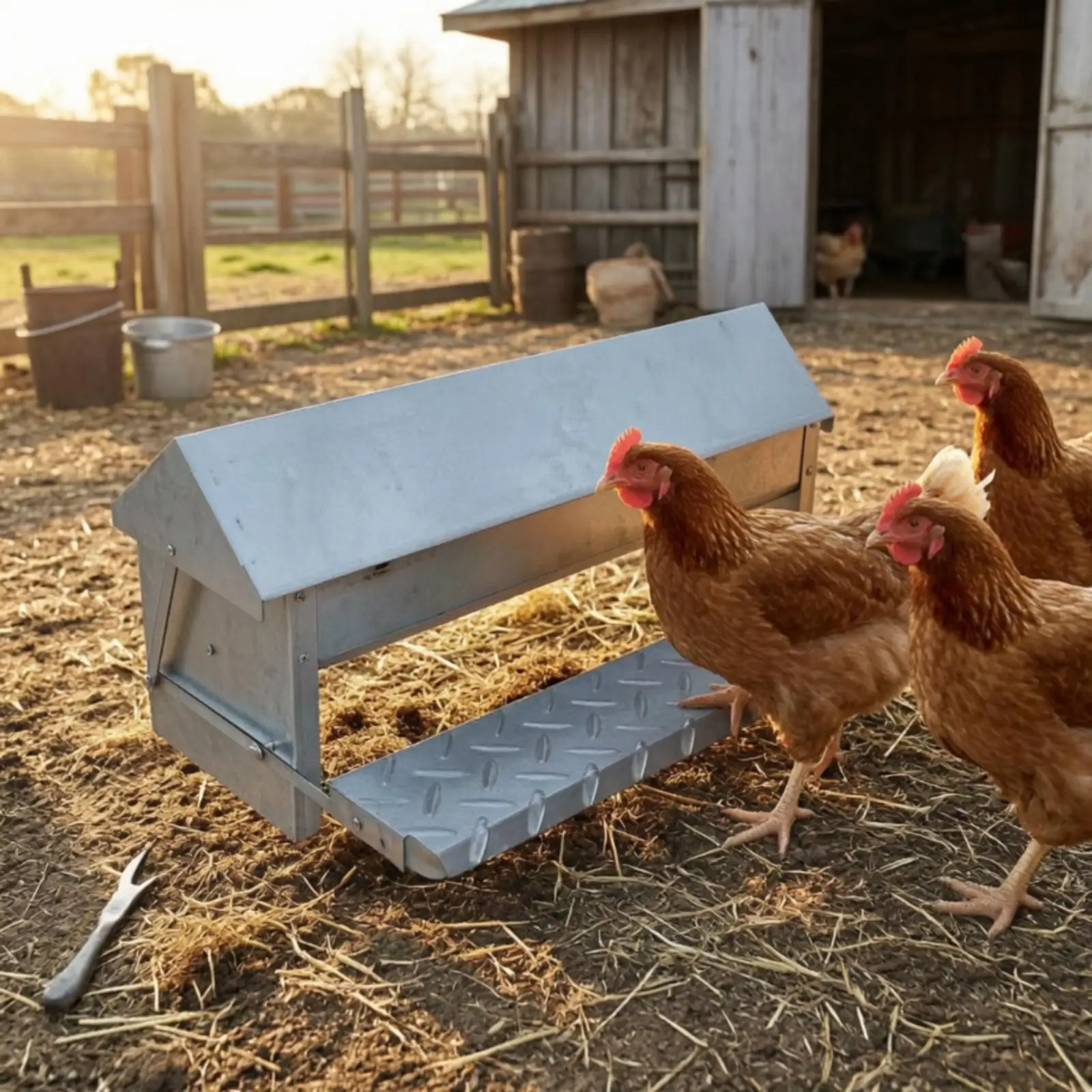 Automatic Poultry Feeder Trough Galvanized Steel Treadle Lid Chicken Feeding Container for Backyard Birds Outside view 3