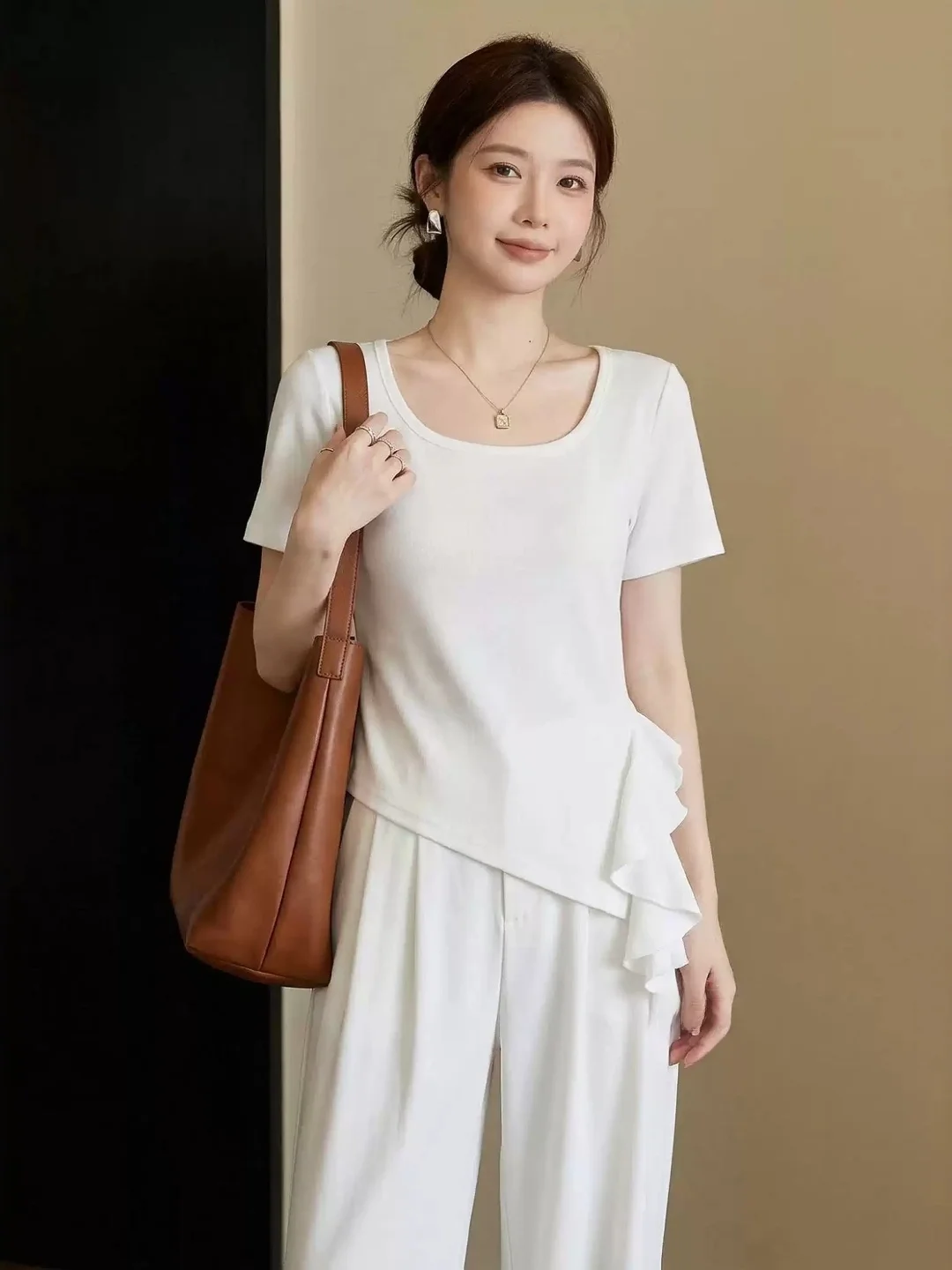 Slim Fit Pure Cotton Short Sleeve T-Shirt Women Summer plus Size Conceal Meat Waist Cut Korean Style Commute Creative Pattern