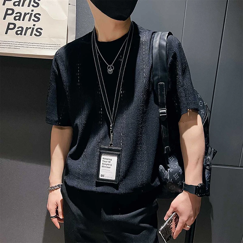 

Hollow Out Breathable Short Sleeve Thin Men Korean Style Sweatshirt Fashion Oversized Streetwear Black White Summer 2023 New Top