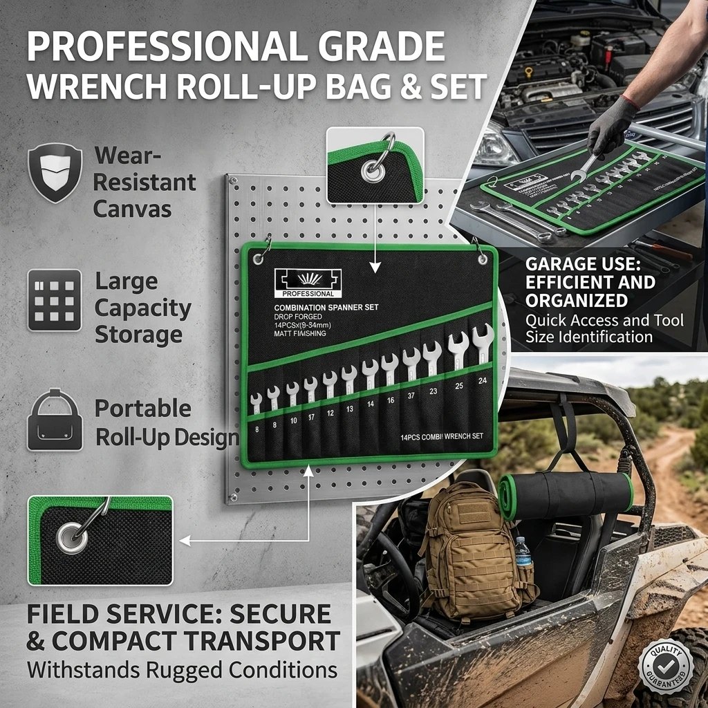 Durable Wrench Storage Bag with Portable Handle 14-Pocket Tool Organizer Roll Perfect for Garage & Workshop Organization