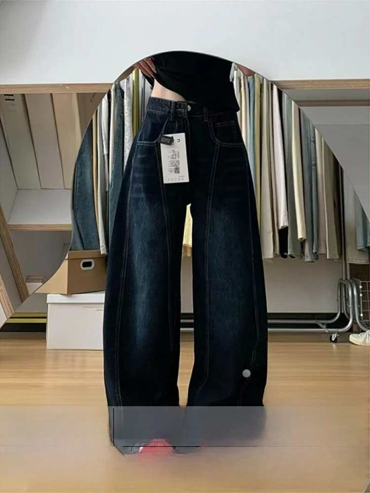 plus Size American Design Deep Color Small ket Wide Leg Jeans Women's Loose Fit Autumn Winter New Sle Casual Straight Jeans