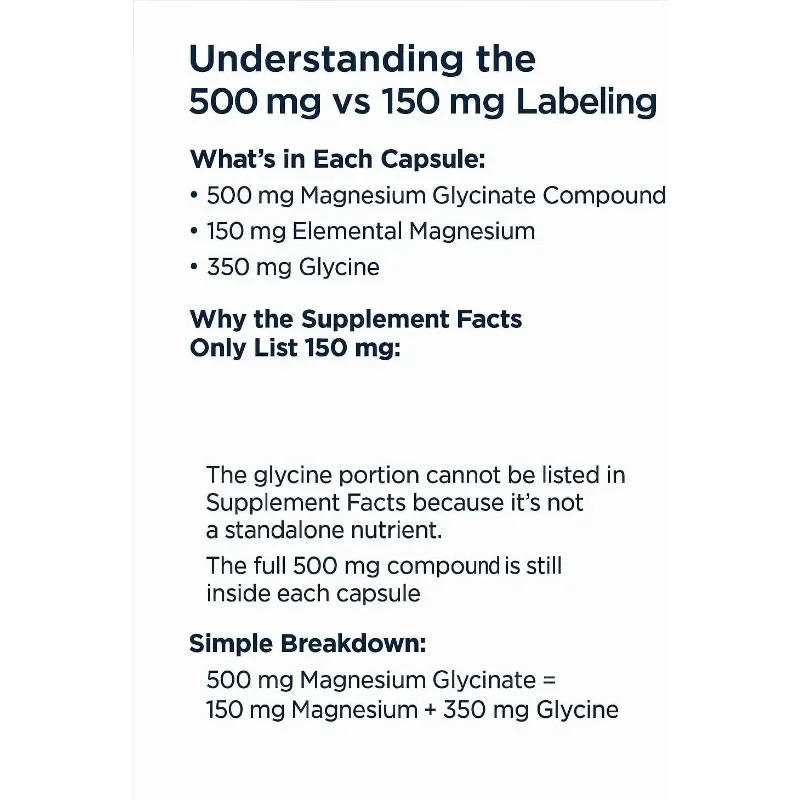Magnesium Glycine 500mg - Mild Chelated Form | Muscle and Bone Health Support | Dietary Supplement
