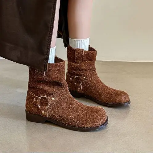 

New Girls Brown Beige Solid Genuine Leather Round Toe Metal Circle Buckle Slip On 3 CM Mid-calf Boots Women Short Booties Shoes