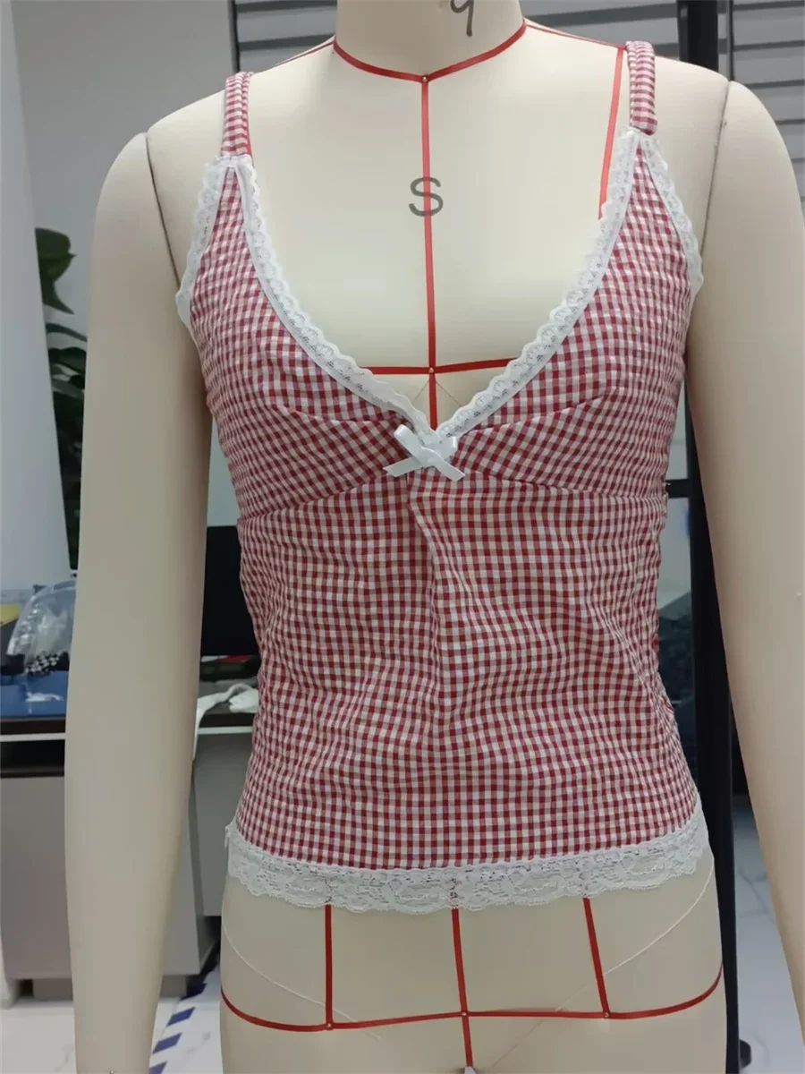 Y2k Red Gingham Tank Top For Women Sleeveless Lace Trim Aesthetic Cute backless Summer Camis 90s Vintage Going Out Tees