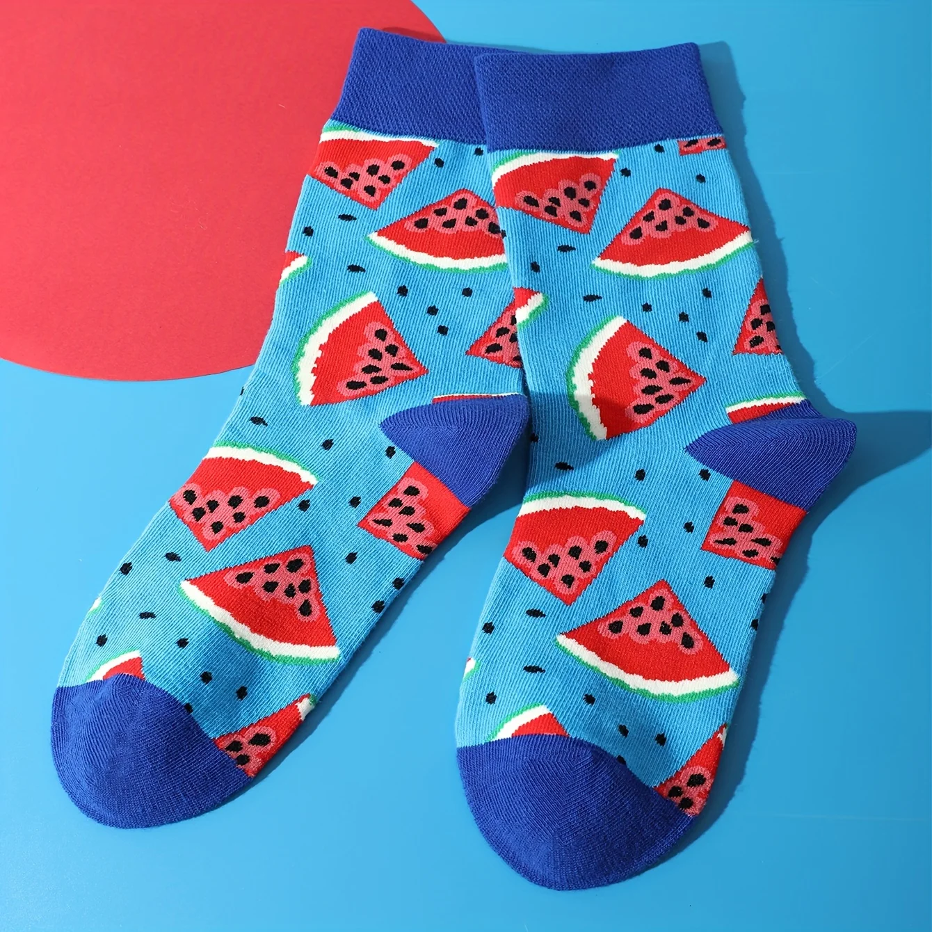 A pair of watermelon fruits with flowers pattern fashion casual stockings suitable for Halloween Christmas Valentine\'s Day gifts