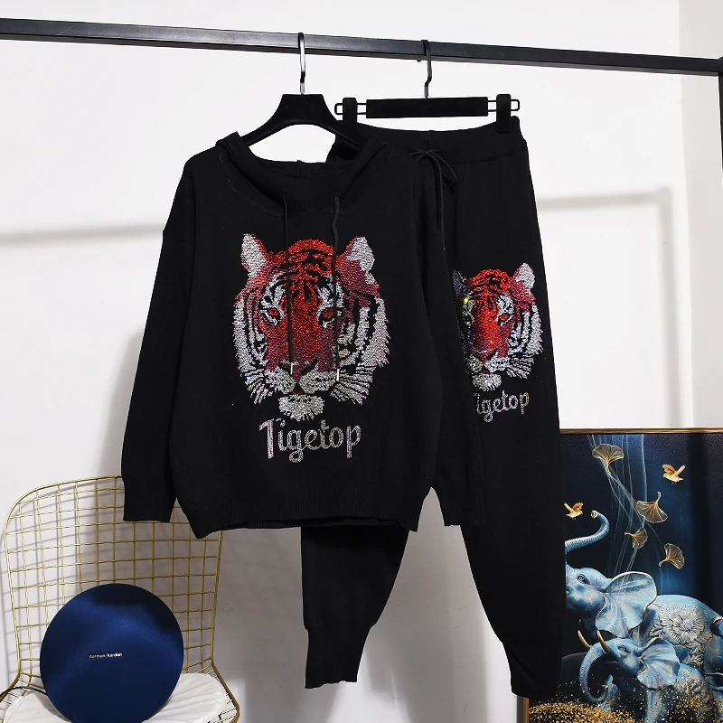 

Black Tiger Hot Drilling Knitted Tracksuits Set Women Loose Casual Hooded Pullover Sweater Pencil Pants Two Piece Outfits Female