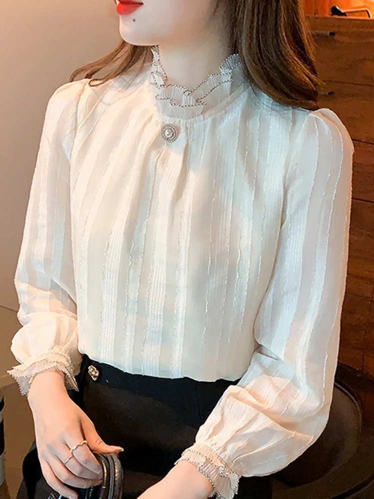 Long Sleeve Blouse Women Blusas Mujer De Moda 2024 Apricot Chiffon Blouse Shirt Tops Women Blouses Camisas Blusa Feminina F515