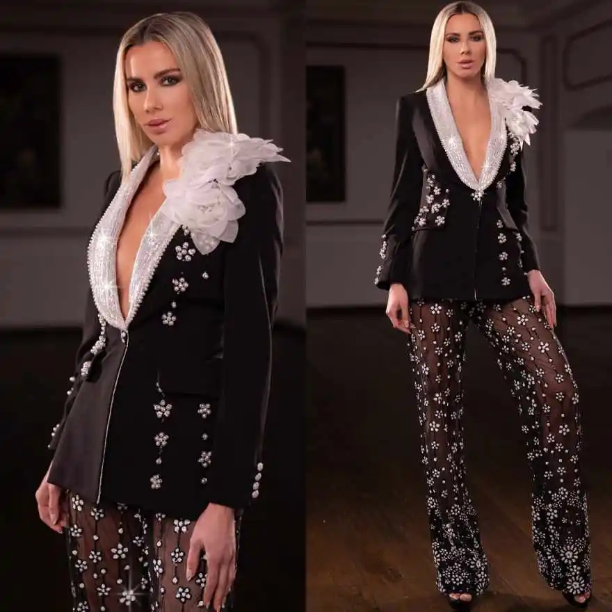 

Luxury Pearls Ladies Pant Suits Women Prom Blazers 2 Pieces One Button Customized Birthday Party Customized Outfits
